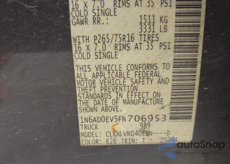 2015 Nissan Frontier Pro-4X z USA, uszkodzony, nr VIN 1N6AD0EV5FN706953